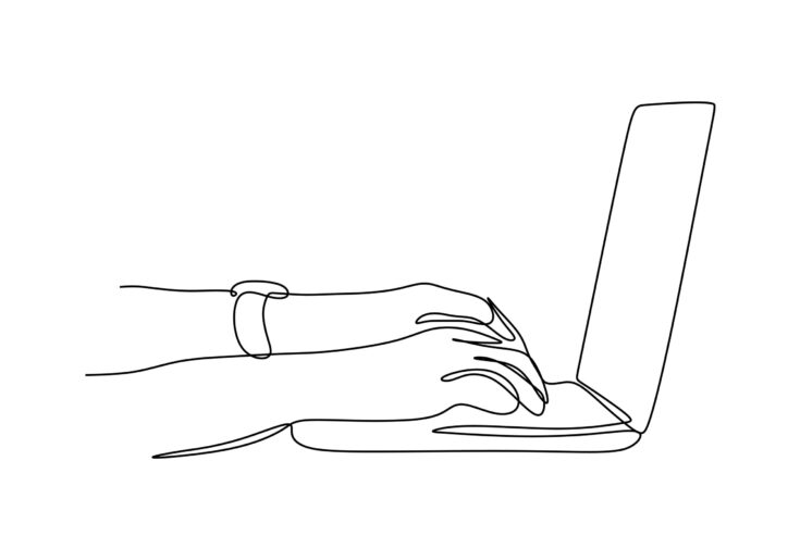 continuous one line drawing of hand writing and typing on keyboard of laptop. concept of writer, blogger, and worker. vector minimalism business theme.