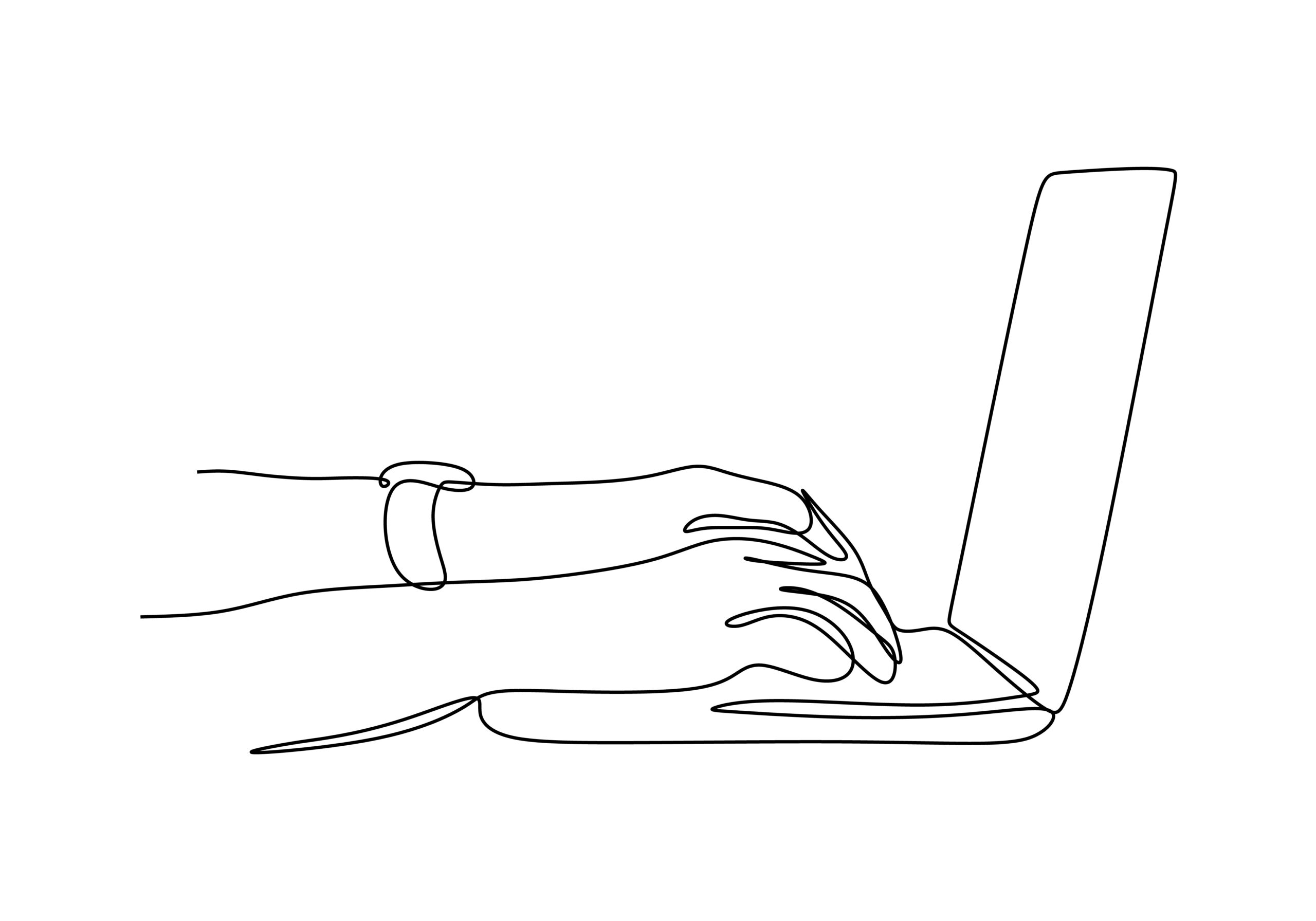 continuous one line drawing of hand writing and typing on keyboard of laptop. concept of writer, blogger, and worker. vector minimalism business theme.