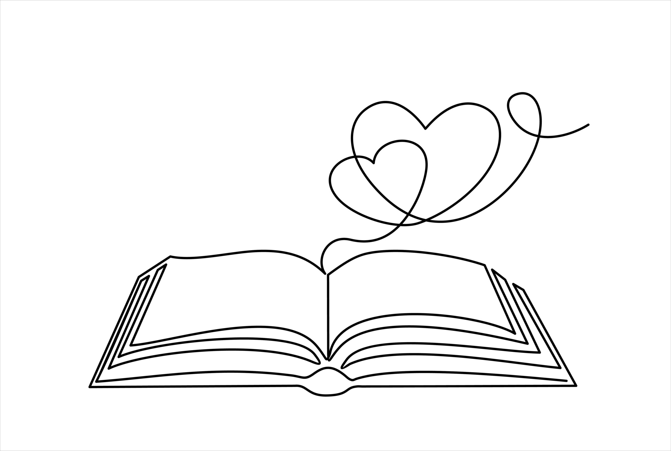 open book and heart, continuous line vector illustration. one line vector drawing of a book and a heart, concept of love of reading. black and white hand drawn image.